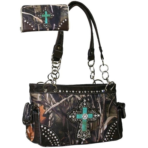 Gold Rush CRL683WC65SET-CAM - BRN Turquoise Cross Camouflage Western Shoulder Bag Wallet Set Brown Trim - Cam & Brown CRL683WC65SET-CAM/BRN - main